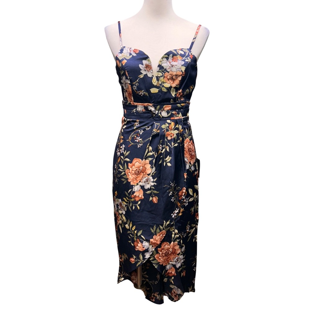 NWT Lulus Floral Midi Dress Women XS Navy Blue Satin V-Neck Tulip Hem Wedding